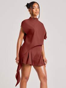NYA SZN Top High Mock Neck Blouse Short Sleeve High Low Hemline T Shirt Brunch Night Out Casual Unique Bridal Shower Maroon Elegant Chic Summer Fall Winter - Rust Brown - View 5