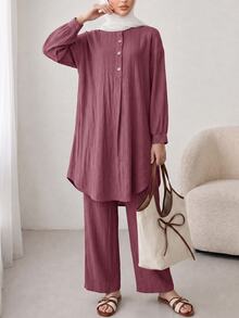 Solavon Solid Button Front Longline Blouse & Pants - Dusty Pink - View 4