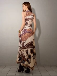 MOTF PREMIUM Gaun model halter neck motif jerapah dan tanaman boho. - Coklat - View 3