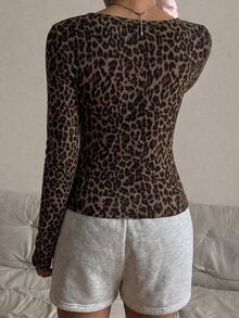 CovetEZ Leopard Print Half Button Tee - Multicolor - View 2