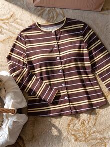 Elaquor Plus Size Striped Colorblock Single-Breasted Long Sleeve T-Shirt - Multicolor - View 3