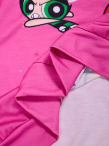 THE POWERPUFF GIRLS X SHEIN كنزة نسائية بطبعة كرتونية بياقة مستديرة وأكمام طويلة مناسبة للعطلات - وردي - مشاهدة 7
