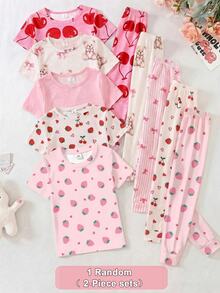 Tween Girl Random 1set Short Sleeve Sleep Top & 1pc Sleep Pants Pajamas Set - Multicolor - View 1