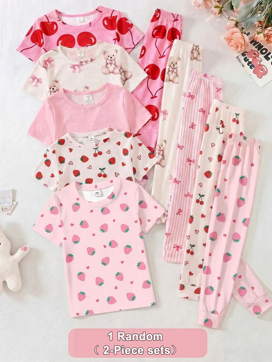 Tween Girl Random 1set Short Sleeve Sleep Top & 1pc Sleep Pants Pajamas Set - Multicolor - View 1