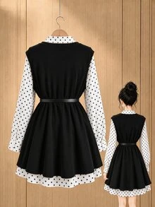 GlowEve CURVE Plus Size Polka Dot Print Shirt & Split Hem Tank Top 2 Pieces Set Fall - Black - View 2
