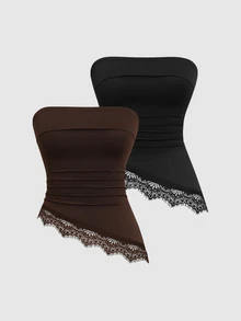 Sweetra 2pcs Lace Trim Ruched Tube Top - Multicolor - View 3