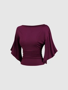 Sweetra Solid Boat Neck Flutter Sleeve Ruched Slim Waist Tee - Red Violet - View 3