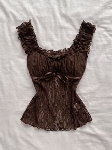 Attitoon Frill Trim Knot Front Lace Top - Brown - View 3