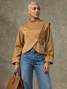 SHEIN Lunessa Jaket Model Kerah Tinggi dengan Detail Gesper dan Hem Berbentuk Lilitan - Unta - View 1