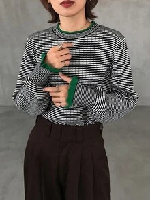 FRIFUL Women's Striped Round Neck Drop Shoulder Long Sleeve Loose Sweater - Black - View 1
