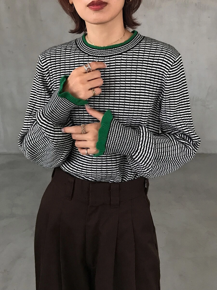 FRIFUL Women's Striped Round Neck Drop Shoulder Long Sleeve Loose Sweater - Black - View 1