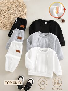 Vintaside Kids 3件組男嬰可愛套頭衛衣，黑色灰色白色，抓絨內裡，落肩設計，百褶長袖圓領加厚款，適合冬季派對與聖誕節 - 彩色 - 查看 1