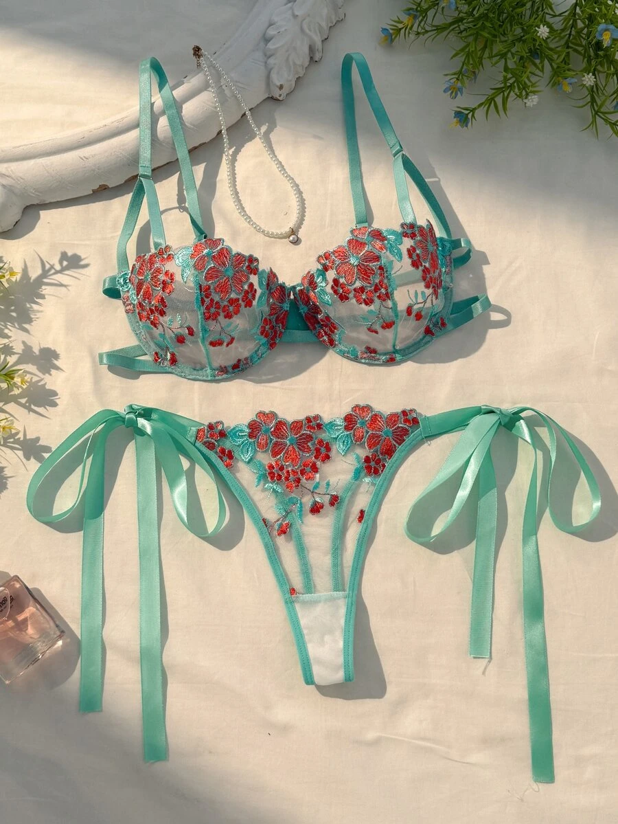 SHEIN 女款天藍色刺繡綁帶內衣套裝 2件組 - 薄荷綠 - 查看 1