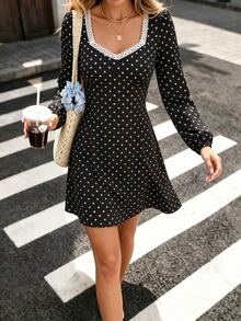 SHEIN PariChic Polka Dot Print Lace Trim Sweetheart Neck Dress - Black - View 4