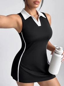 SHEIN Velisys Vestido Esportivo Plus com Gola V Contrastante, Listrado Lateral e Sem Mangas - Preto - Visão 5