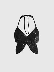 ROMWE Y2K Draped Front Halter Top & Ruched Side Dress - Black - View 6