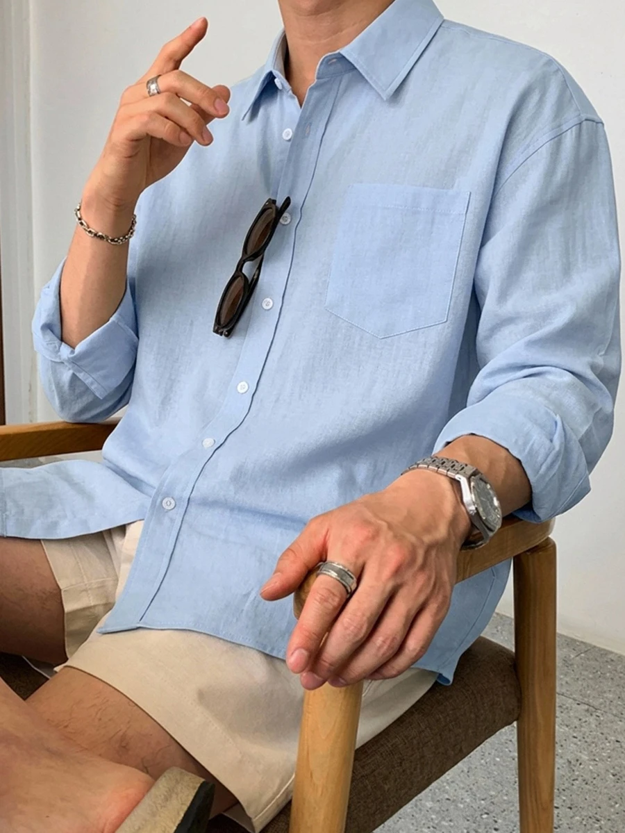 DAZY 男士純色口袋拼接襯衫 秋季 - 淺藍色 - 查看 1