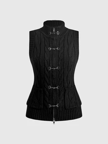 ROMWE Grunge Punk Mock Neck Cable Knit Sweater Vest - Black - View 1