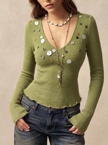 Bohemela Women Solid V-Neck Button Detail Lettuce Trim Slim Fit Tee - Burgundy - View 1