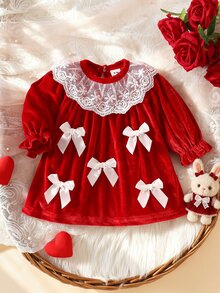 SHEIN 2件組新生女嬰天鵝絨公主洋裝，甜美紅色蕾絲領結蝴蝶結荷葉邊長袖圓領 A 字版毛絨冬秋聖誕派對裙 - 紅色 - 查看 3
