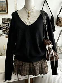 Lalippa Solid Drop Shoulder Oversize Sweater - Black - View 3