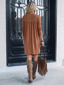 LanaWest Solid Drop Shoulder Lace Insert Short Tee Dress - Brown - View 2