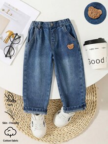 Young Boy Denim Jeans, Casual Vacation Fashion Street Cute Personalized Versatile Minimalist, Medium Wash Blue, Summer Vacation - Blue - View 1