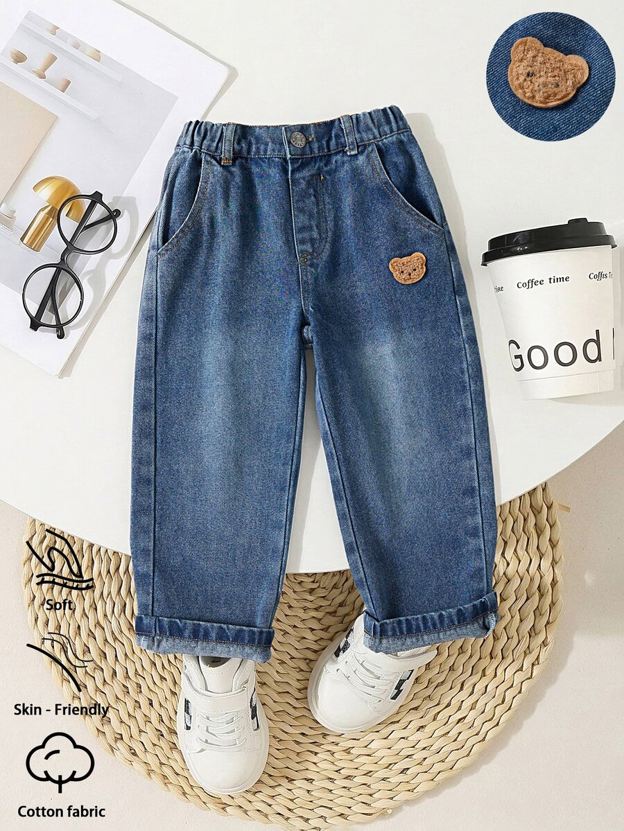 Young Boy Denim Jeans, Casual Vacation Fashion Street Cute Personalized Versatile Minimalist, Medium Wash Blue, Summer Vacation - Blue - View 1
