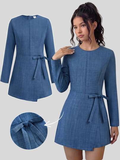 Girlism Tween Girl 1pc Solid Knot Front Asymmetrical Hem Tee Romper Teachers' Day School Blue Autumn Casual Elegant Uniform