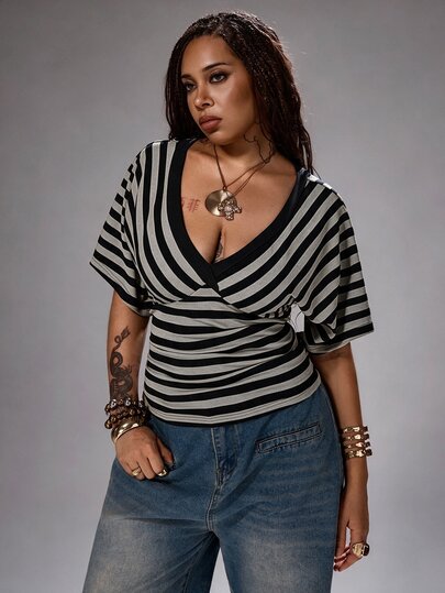 Rustia Plus Striped Print Plunging Neck Tee