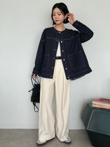 FRIFUL Áo khoác denim vai trễ xếp ly lưng cho mùa thu - Màu xanh lam - Xem 7