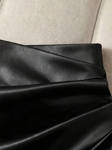 SHEIN Franclia 純色抓皺 PU 皮革包臀裙 - 黑色 - 查看 5