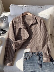 SHEIN 青少年女孩格紋印花拉鍊夾克 - 棕色 - 查看 2