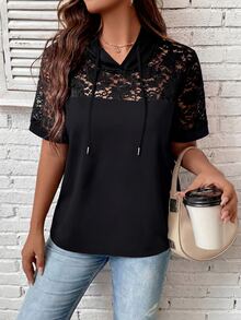 EMERY ROSE Contrast Sheer Lace Short Sleeve Drawstring Hoodie Halloween Night Out Going Out Black Floral Summer Sexy Casual Elegant - Black - View 4