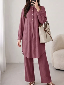 Solavon Solid Button Front Longline Blouse & Pants - Dusty Pink - View 6