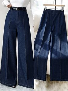 Elenzga High Waist Wide Leg Jeans Without Belt - Dark Wash - View 1
