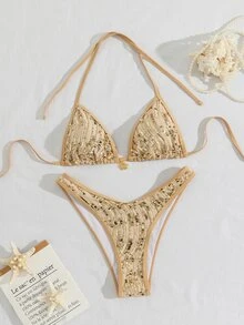SHEIN Swim Bikini Segitiga Halter Berpayet untuk Pantai Musim Panas - Emas - View 7