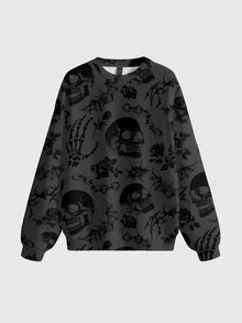 ROMWE Goth Skull Print Drop Shoulder Sweatshirt - Black - View 1