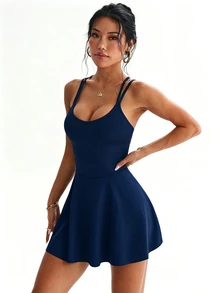 SHEIN Dewbera Gaun Olahraga Tanpa Punggung dengan Desain Silang - Navy Blue - View 7