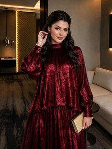 SHEIN Lady Plus Size Elegant Party Top & Skirt 2 Pieces Set - Burgundy - View 4
