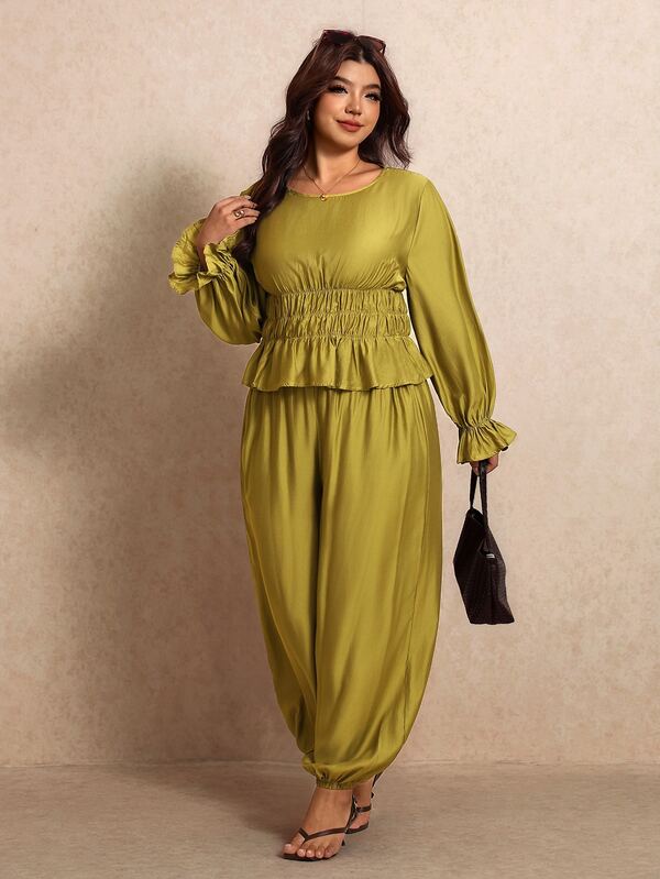 Elaquor Plus Size Versatile Ruffle Hem Pleated Top And Cuffed Long Pants 2 Pieces Set
