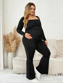 Plussiva Plus Size Maternity Solid Color Ruched Top And Adjustable Waist Long Pants Casual Maternity Daily 2 Pieces Set Photoshoot Black Autumn Basic Cute Chic - Black - View 5