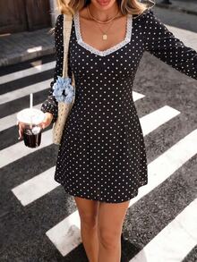SHEIN PariChic Polka Dot Print Lace Trim Sweetheart Neck Dress - Black - View 1