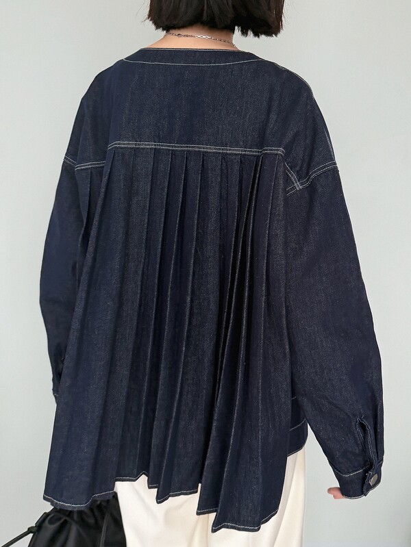 FRIFUL Drop Shoulder Pleated Back Denim Jacket