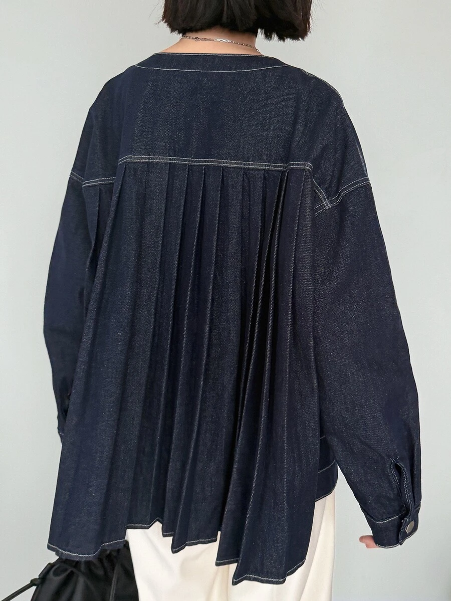 FRIFUL Áo khoác denim vai trễ xếp ly lưng cho mùa thu - Màu xanh lam - Xem 1