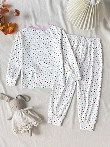 SHEIN 女童波點印花刺繡冰淇淋圖案上衣與長褲睡衣套裝 - 白色 - 查看 2
