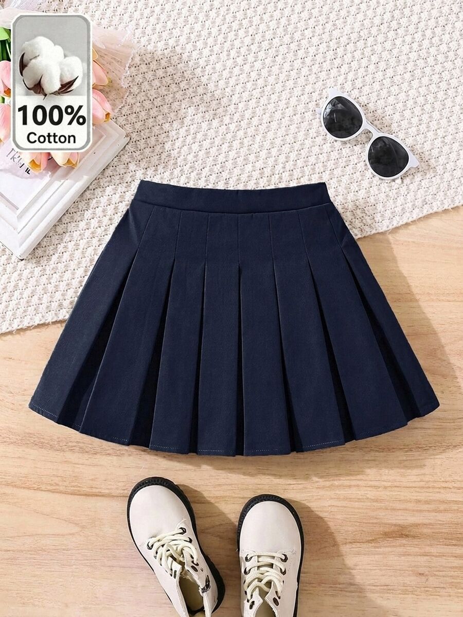 SHEIN 女童純色鬆緊腰百褶裙 - 彩色 - 查看 1