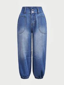 LUMIGAL High Waist Slant Pocket Jogger Jeans - Blue - View 3