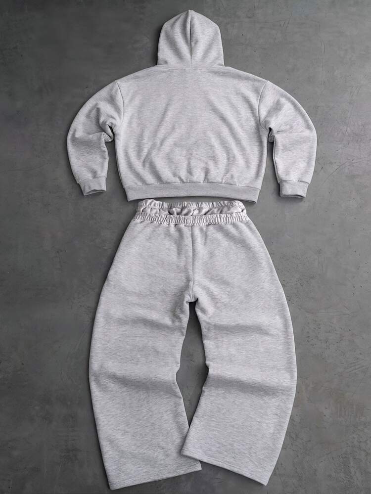 PAVTROS Men Embroidery Letter Pattern Hoodie & Drawstring Waist Sweatpants Set - Grey - View 4