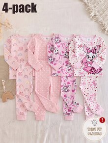 SHEIN 女嬰 2套裝卡通兔子蝴蝶結愛心印花領邊上衣與長褲睡衣套裝 - 粉色 - 查看 3